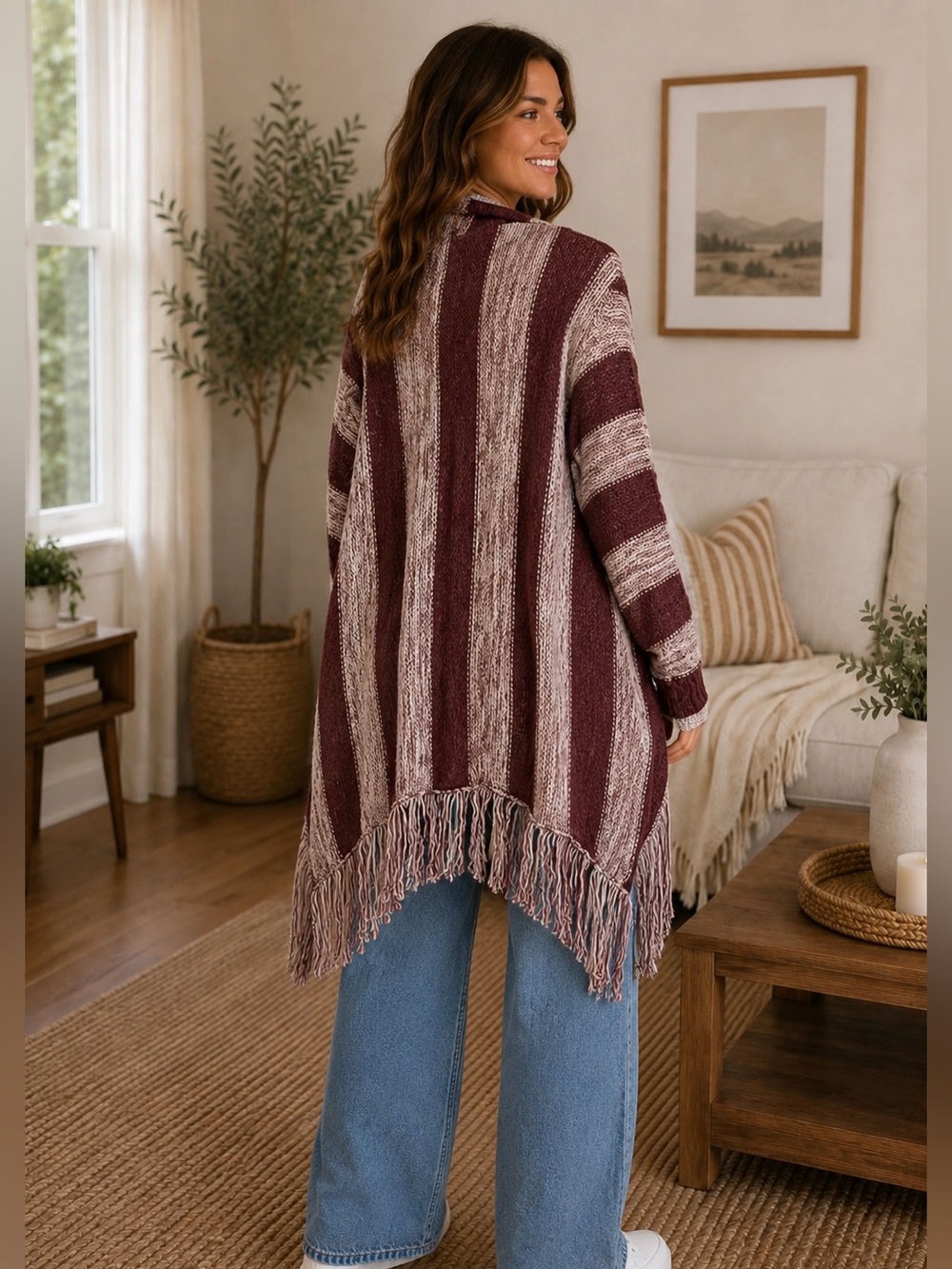 Striped Burgundy Open-Front Sweater